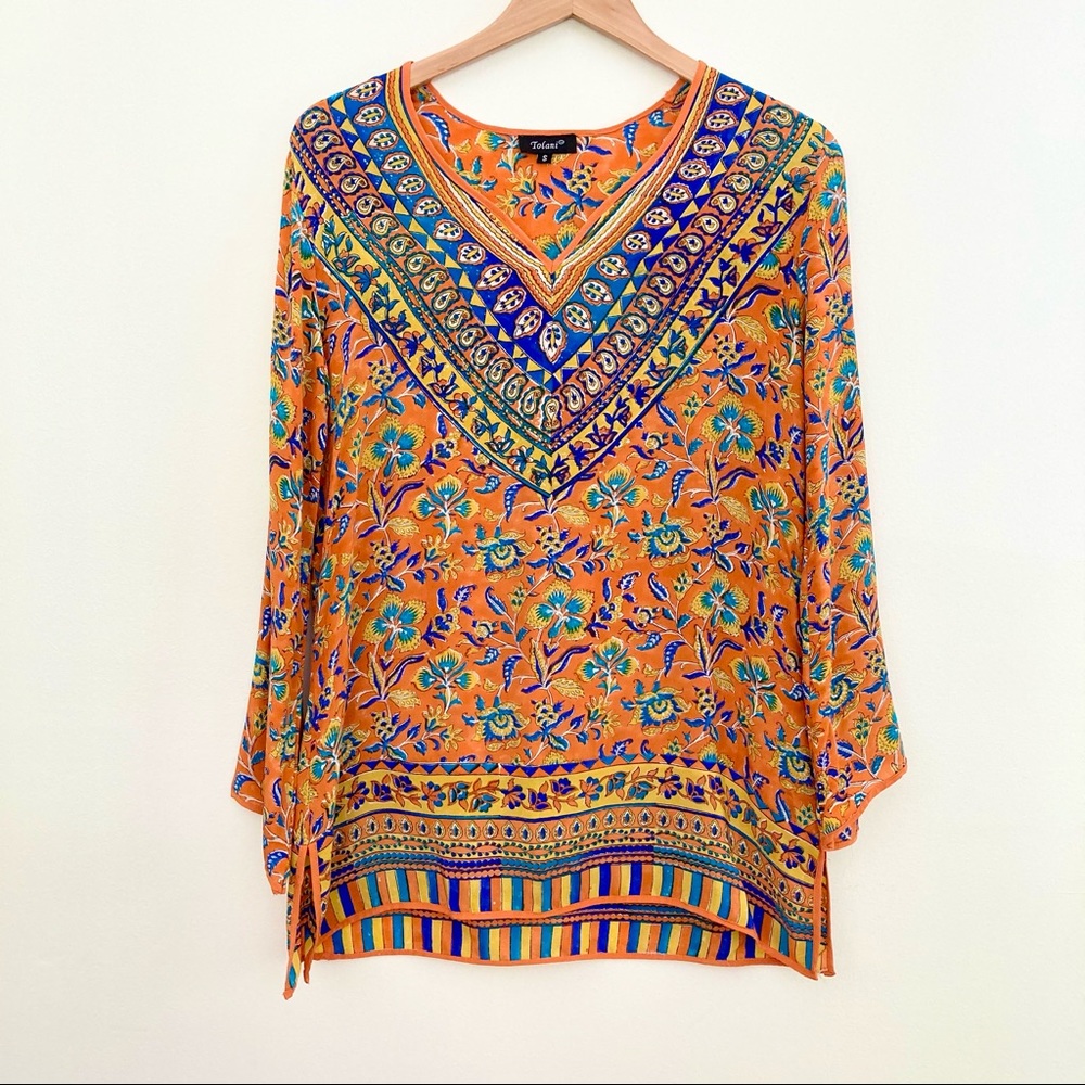 Tolani Silk Tunic Floral Orange Multicolor Top